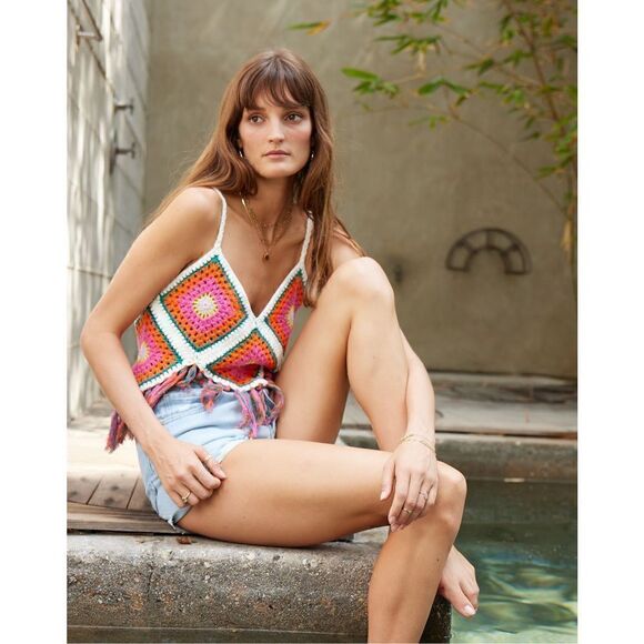 Self Contrast Dixie Crochet Camisole Knit Fringe Hem Top S Happy Colors NWT $195 - Picture 3 of 9